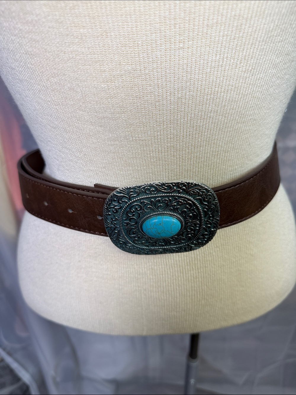 Cherry Betty L Brown Leather Belt with Turquoise Stone Buckle